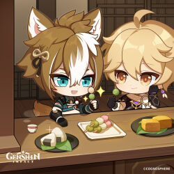 Rule 34 | 2boys, absurdres, aether (genshin impact), ahoge, animal ears, aqua eyes, black gloves, blonde hair, brown hair, chibi, closed mouth, commentary, copyright name, cropped shirt, dango, dog ears, dog tail, dot nose, earrings, english commentary, food, genshin impact, gloves, gorou (genshin impact), hair between eyes, highres, holding, holding food, indoors, jewelry, male focus, multicolored hair, multiple boys, official art, onigiri, open mouth, plate, sanshoku dango, short hair, short sleeves, single earring, streaked hair, tail, tassel, wagashi, white hair, wooden floor, yellow eyes