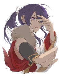 1boy absurdres ahoge arm_warmers black_arm_warmers covering_own_eyes crescent cropped_torso ensemble_stars! floating_hair foreshortening from_below fur_collar furrowed_brow hair_between_eyes hair_intakes hand_up highres japanese_clothes kanzaki_souma kimono long_hair long_sleeves looking_at_viewer male_focus motoyui open_mouth ponytail purple_eyes purple_hair reaching reaching_towards_viewer red_kimono sidelocks simple_background single_arm_warmer solo tassel teeth upper_teeth_only white_background white_kimono whiten_wolf wide_sleeves