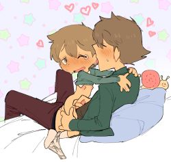 2boys age_difference bottomless briefs briefs_around_leg brown_hair classic_fly_briefs clive_dove closed_eyes cum handjob highres luke_triton male_focus male_underwear male_underwear_around_leg male_underwear_pull multiple_boys nipples on_bed on_lap one_eye_closed penis professor_layton short_hair shota straddling tnso underwear underwear_around_leg white_briefs white_male_underwear yaoi