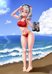 Rule 34 | 1girl, artist logo, barefoot, beach, beret, bikini, binoculars, black hat, blue eyes, blue sky, cloud, collarbone, commentary request, day, female focus, full body, hat, highres, kantai collection, kashima (kancolle), lens flare, lifeguard, logo, long hair, navel, outdoors, red bikini, shading eyes, sidelocks, silver hair, sky, solo, sports bikini, swimsuit, tadokoro nurikabe, tsurime, twintails, wavy hair