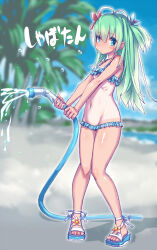 Rule 34 | 1girl, absurdres, ahoge, antenna hair, beach, blue eyes, breasts, character name, emil chronicle online, frills, green hair, highres, hose, long hair, navel, ocean, palm tree, sandals, serizawa (knight2020), shabotan alma, standing, swimsuit, tan, tree
