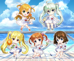 5girls :d ahoge bare_shoulders blonde_hair blue_eyes blue_flower blue_sky blush braid brown_hair chibi closed_mouth cloud cloudy_sky commentary_request day dress einhard_stratos fate_testarossa flower fujima_takuya green_eyes green_hair heterochromia holding holding_flower horizon lyrical_nanoha mahou_shoujo_lyrical_nanoha merchandise_available mini_person minigirl multiple_girls ocean official_art open_mouth orange_flower outdoors parted_lips pink_flower purple_eyes purple_flower railing red_eyes red_flower sandals shoes single_thighhigh sky sleeveless sleeveless_dress smile takamachi_nanoha thighhighs twintails twitter_username vivio water white_dress white_sandals white_shoes white_thighhighs yagami_hayate
