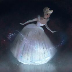 1girl bare_shoulders black_choker black_eyes blonde_hair blush breasts choker cinderella cinderella_(disney) cleavage closed_mouth commentary disney dress elbow_gloves english_commentary full_body gloves gown hair_bun hairband highres leaning_forward light_particles lipstick long_dress magic makeup night outdoors petticoat red_lips reflective_floor short_hair single_hair_bun sleeveless sleeveless_dress small_breasts smile solo standing stardust_axel updo white_dress white_gloves white_hairband