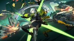 2girls anby_demara belt black_gloves black_skirt black_thighhighs boots car explosion fingerless_gloves gloves goggles green_jacket green_sleeves grey_hair grey_sleeves headphones highres holding holding_sword holding_weapon jacket key_visual long_hair miniskirt motor_vehicle multiple_girls official_art orange-tinted_eyewear orange_eyes orange_goggles pleated_skirt ponytail promotional_art robot sheath short_hair sidelocks skirt sleeveless sleeveless_jacket smoke soldier_11_(zenless_zone_zero) sword thigh_belt thigh_strap thighhighs tinted_eyewear weapon white_hair yellow_eyes zenless_zone_zero zettai_ryouiki