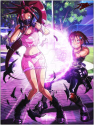 Rule 34 | 2girls, accidental exposure, ahoge, animal print, antenna hair, armored gloves, armpits, artist name, black bodysuit, black footwear, black gloves, blush, bodysuit, boots, bow, bow camisole, bow panties, boyshort panties, brown eyes, brown hair, camisole, camouflage, camouflage shirt, capcom, chain, chain headband, chain necklace, collarbone, day, defeat, delinquent, embarrassed, energy, exploding clothes, eyelashes, female focus, full body, gloves, hands on own face, heart, heart print, high ponytail, highres, himezaki aoi, humiliation, jewelry, justice gakuen, kazama akira, knee pads, knees together feet apart, leather, leather pants, legs, long hair, looking at another, looking at viewer, mask, matching hair/eyes, matching underwear, medium hair, midriff, moero! justice gakuen, mouth mask, multiple girls, navel, neck, necklace, outdoors, outstretched arms, panties, pants, parted bangs, pink camisole, pink panties, ponytail, print camisole, print panties, print shirt, purple eyes, rabbit print, red hair, shirt, sidelocks, signature, sleeveless, sleeveless shirt, spiked hair, standing, surprised, sweatdrop, theinsanedarkone, thighs, tight clothes, tight pants, tomboy, toned, toned female, torn bodysuit, torn clothes, tree, tsundere, underwear, underwear only, very long hair, wardrobe malfunction, wide-eyed