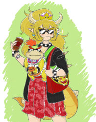 1boy 1girl absurdres alternate_costume bag bib black_jacket blonde_hair bowser_jr. bowser_logo bowsette bracelet coffee collar commentary cowboy_shot cup disposable_coffee_cup disposable_cup drinking_straw earrings english_commentary fang fang_out fangs fangs_out green_background hair_tie handbag highres holding holding_cup horns jacket jewelry juice koopa_clown_car long_hair looking_at_viewer mario_(series) mother_and_son new_super_mario_bros._u_deluxe nintendo orange_juice outline patterned_clothing ponytail print_bag red_hair red_skirt scowl short_hair sidelocks skirt smile sparkle spiked_bracelet spiked_collar spiked_shell spiked_tail spikes standing sunglasses super_crown t1g tail two-tone_background watch whipped_cream white_background wide_ponytail wristband wristwatch