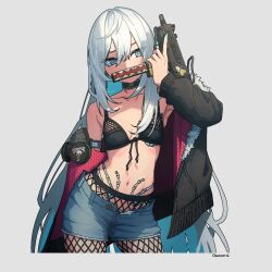 1girl absurdres black_jacket blue_eyes blue_hair blue_nails blue_shorts breasts collarbone commentary_request covered_mouth cowboy_shot cropped_legs denim denim_shorts fingernails fishnet_pantyhose fishnets fur-trimmed_jacket fur_trim grey_background grey_hair gun hair_between_eyes hand_up head_tilt highres holding holding_gun holding_weapon jacket long_fingernails long_hair long_sleeves mask multicolored_hair nail_polish off_shoulder open_clothes open_fly open_jacket open_shorts original pantyhose puffy_long_sleeves puffy_sleeves respirator sharp_fingernails short_shorts shorts signature simple_background small_breasts solo two-tone_hair very_long_hair weapon weapon_request wozora