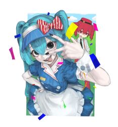 2girls alternate_costume apron aqua_hair black_nails black_necktie blue_background blue_hat bow buttons collared_shirt confetti diagonal-striped_bow double-breasted drill_hair green_background hair_between_eyes hand_on_own_hip hand_up hashtag-only_commentary hat hat_bow hatsune_miku kasane_teto kirinkachi looking_at_viewer mesmerizer_(vocaloid) multiple_girls necktie open_mouth pants red_bow red_eyes red_hat red_pants scared sharp_teeth shirt smiley_hat_ornament striped_clothes striped_shirt sweatdrop teeth tongue twin_drills twintails two-tone_bow upper_teeth_only utau vocaloid w waist_apron white_background