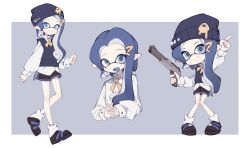 Rule 34 | 1girl, aqua eyes, asymmetrical hair, asymmetrical sidelocks, beanie, black hat, black shoes, black sweater vest, blue hair, blue tongue, border, colored tongue, deformed, dolphin shorts, grey background, gun, happy, hat, highres, holding, holding gun, holding weapon, index finger raised, inkling, inkling girl, inkling player character, long sleeves, looking at viewer, mari sleep, multiple views, n-zap (splatoon), neck ribbon, nintendo, outside border, own hands together, pale skin, ribbon, shirt, shoes, short hair with long locks, short shorts, shorts, side part, smile, socks, splatoon (series), sweater vest, weapon, white border, white shirt, white socks, yellow ribbon