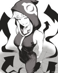 Rule 34 | 1girl, absurdres, arrow (symbol), artist name, barefoot, black jumpsuit, braid, breasts, feet, front braid, highres, hood, hoodie, jumpsuit, large breasts, looking at viewer, medusa gorgon, monochrome, sleeveless, sleeveless hoodie, smile, snake armband, soul eater, speedl00ver