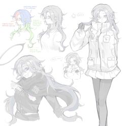 1girl aotsuki_eito arm_behind_back black_gloves blue_eyes commentary crossed_arms english_commentary english_text genderswap genderswap_(mtf) glasses gloves grey_hair hair_between_eyes highres jacket last_defense_academy_school_uniform long_hair long_sleeves multiple_views open_mouth pale_skin pantyhose pleated_skirt school_uniform simple_background skirt spoilers the_hundred_line_-last_defense_academy- very_long_hair white_background white_gloves white_jacket white_skirt xin_ci