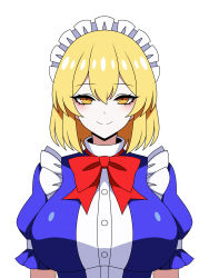 absurdres blonde_hair blue_dress bow bowtie dress highres looking_at_viewer maid maid_headdress mugetsu_(touhou) puffy_sleeves red_bow red_bowtie ringed_eyes short_hair short_sleeves simple_background slit_pupils smile ssaf_seibeupail touhou white_background yellow_eyes
