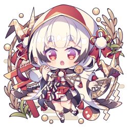 1girl :o bell black_hair black_hakama blush chibi chibi_only colored_tips commentary_request full_body hakama hakama_skirt hand_fan hand_up hat hat_ribbon holding holding_fan hyou_(pixiv3677917) japanese_clothes jingle_bell kimono long_sleeves looking_at_viewer multicolored_hair obi okobo open_mouth origami original platform_sandals red_hat red_ribbon ribbon sandals sash short_hair signature simple_background skirt socks solo standing thick_eyebrows two-tone_hair two-tone_hat white_background white_hat white_kimono white_socks wide_sleeves