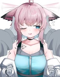 1girl absurdres ahoge alternate_breast_size animal_ears arknights blue_eyes blush breasts fox_ears gloves highres material_growth medium_breasts one_eye_closed oripathy_lesion_(arknights) pink_hair short_hair spam_(spamham4506) sussurro_(arknights) white_gloves