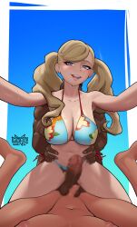 1girl 2boys :d absurdres bikini blonde_hair blue_bikini blue_eyes blue_sky blur_censor breasts censored cleavage collarbone dark-skinned_male dark_skin dude-doodle earrings erection floral_print_bikini highres interracial jewelry large_breasts large_penis looking_at_viewer multiple_boys navel netorare open_mouth penis penis_size_difference persona persona_5 pov pov_crotch sky small_penis smile stud_earrings swimsuit takamaki_anne testicles twintails