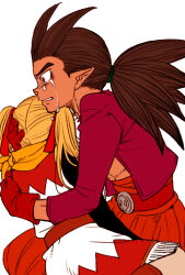 Rule 34 | 1boy, 1girl, black shirt, blonde hair, brown hair, clenched teeth, commentary request, cradling head, crying, crying with eyes open, dark-skinned male, dark skin, dragon quest, dragon quest builders 2, dress, female builder (dqb2), fringe trim, furrowed brow, gloves, hair horns, hair ribbon, hand on another&#039;s head, high-waist pants, holding, implied death, jewelry, low ponytail, neckerchief, necklace, open clothes, open shirt, orange pants, pants, pointy ears, ponytail, red dress, red eyes, red gloves, red ribbon, red theme, ribbon, shirt, shirt under dress, sidoh (dqb2), skull belt, spiked hair, tears, teeth, toned, toned male, tooth necklace, torinone (nontenki), twintails, two-tone dress, white background, white dress, wide-eyed, yellow neckerchief