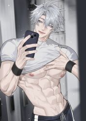1boy abs alternate_costume antenna_hair artist_name bare_pectorals black_pants blue_eyes clothes_lift commentary english_commentary gi_(xogieve) hand_on_own_chest highres holding holding_phone honkai:_star_rail honkai_(series) large_pectorals looking_at_phone male_focus mirror_selfie muscular muscular_male navel neck_tattoo pants pectorals phainon_(honkai:_star_rail) phone shirt shirt_lift short_hair short_sleeves solo sweat tattoo veins white_hair white_shirt workout_clothes wristband
