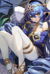 1girl absurdres blue_hair blue_hood blue_sleeves detached_sleeves drill_hair fujiko_sugi full_body genshin_impact high_heels highres hood hood_up knees_up layla_(genshin_impact) long_hair looking_at_viewer pants parted_lips sitting solo twin_drills very_long_hair white_pants yellow_eyes