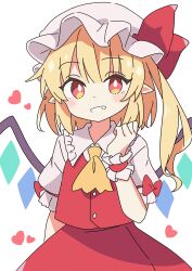 1girl absurdres ascot black201_wav blonde_hair blush bow crystal crystal_wings flandre_scarlet grin hat hat_ribbon heart highres long_hair looking_at_viewer mob_cap multicolored_wings one_side_up pointy_ears red_bow red_eyes red_skirt red_vest ribbon short_sleeves simple_background skirt skirt_set sleeve_bow smile solo touhou vest white_background white_hat wings wrist_cuffs yellow_ascot
