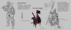 2boys abysmal_knight antonio_rizzatti asymmetrical_dual_wielding aura boots cape capelet character_name closed_mouth commentary doppelganger_(ragnarok_online) dual_wielding empty_eyes english_commentary english_text flag full_body gauntlets greatsword helmet highres holding holding_polearm holding_sword holding_weapon horse horseback_riding knight looking_at_viewer multiple_boys pants polearm ragnarok_online reference_inset riding shirt simple_background spear sword swordsman_(ragnarok_online) weapon