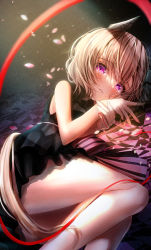 1girl absurdres bare_arms bare_legs black_dress blonde_hair curren_chan_(sakutsuki_ma_cherie)_(umamusume) curren_chan_(umamusume) dress fujimoto_setsuna hair_between_eyes highres long_hair looking_at_viewer lying on_side parted_lips ponytail purple_eyes red_ribbon ribbon short_dress solo umamusume very_long_hair