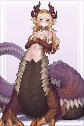 1girl absurdres blonde_hair breasts claws commission detached_collar dragon_girl dragon_horns ekrea_jan fins full_body green_eyes head_fins highres horns large_breasts long_hair looking_at_viewer monster_girl original own_hands_together purple_background skeb_commission solo taur wyrm