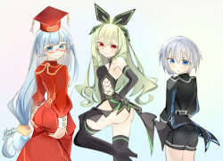 3girls arm_behind_back artist_name ass bike_shorts blue_eyes blue_hair breasts expressionless glasses grabbing_own_ass green_hair hair_ribbon hakozaki_chika hands_on_own_ass highres jinguuji_kei large_breasts legs long_hair multiple_girls neptune_(series) nishizawa_mina no_panties ponytail red_eyes ribbon seductive_smile sideboob smile take_your_pick thighs very_long_hair yitsune_melody