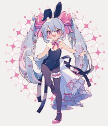 1girl absurdres animal_ears black_leotard black_pantyhose black_ribbon blue_hair blush bow commentary covered_navel dated_commentary detached_collar eyes_visible_through_hair fang frilled_thigh_strap full_body hair_bow high_heels highres leg_up leotard loli long_hair neck_ribbon open_mouth original ozureiji pantyhose pink_bow pink_eyes pink_ribbon pink_shoes playboy_bunny rabbit_ears rabbit_tail ribbon shoes skin_fang smile solo symbol-only_commentary tail thigh_strap tsurime twintails very_long_hair wrist_cuffs