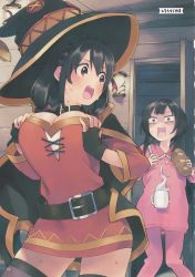 Rule 34 | 2girls, artist name, belt, black hair, blush, braid, bread, breasts, cape, cosplay, fingerless gloves, food, glass, gloves, hair ornament, hat, highres, kono subarashii sekai ni shukufuku wo!, large breasts, long hair, looking at viewer, megumin, megumin (cosplay), milk, multiple girls, open mouth, pajamas, pink pajamas, red eyes, short hair, smile, surprised, thighhighs, urayamashiro (artist), witch hat, yunyun (konosuba)