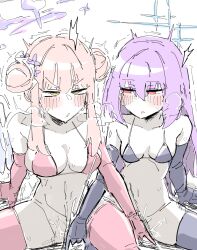 Rule 34 | 2girls, atsuko (blue archive), bagaponchi, bare shoulders, bikini, bikini top only, black gloves, black thighhighs, blue archive, blue halo, blush, bottomless, breasts, double bun, elbow gloves, fingering, gloves, hair between eyes, hair bun, halo, highres, large breasts, long hair, mika (blue archive), multiple girls, pink gloves, pink hair, pink thighhighs, purple hair, red eyes, sitting, small breasts, swimsuit, thighhighs, yellow eyes, yuri