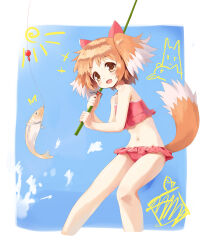 Rule 34 | 1girl, animal ears, blue sky, bow alma, brown eyes, brown hair, dog ears, dog girl, dog tail, emil chronicle online, fish, fishing, fishing rod, hair ribbon, haniwa (near), highres, navel, ribbon, sky, swimsuit, tail