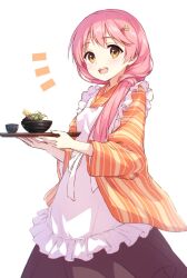 1girl :d apron blush breasts cofetaru commentary cowboy_shot double-parted_bangs food frilled_apron frills hair_between_eyes hair_ornament hair_over_shoulder hairclip hands_up happy highres holding holding_tray ice_cream japanese_clothes kimono kurama_koharu long_hair long_sleeves looking_at_viewer low_ponytail maid maid_apron notice_lines open_mouth orange_kimono pink_hair pinstripe_kimono pinstripe_pattern ponytail senren_banka simple_background small_breasts smile solo standing teeth tray upper_teeth_only wa_maid waffle white_apron white_background wide_sleeves yellow_eyes