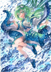 Rule 34 | 1girl, :d, bare shoulders, blue shoes, blue skirt, breasts, collared shirt, detached sleeves, dot nose, double-parted bangs, frog hair ornament, green eyes, green hair, hair ornament, hair tubes, highres, kochiya sanae, loafers, long hair, long sleeves, looking at viewer, medium breasts, midriff, mosho, navel, open mouth, patterned clothing, print skirt, shirt, shoes, single hair tube, single sidelock, skirt, skirt set, sleeveless, sleeveless shirt, smile, snake hair ornament, socks, solo, touhou, traditional media, water, water drop, white socks, wide sleeves