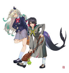 absurdres alternate_costume bag bandage_on_leg bandages black_jacket black_shoes blush breasts collarbone ellen_joe fins firefly_(honkai:_star_rail) fish_tail gradient_hair grey_hair grey_jacket grey_skirt hair_between_eyes hair_ornament hand_on_own_hip highres holding holding_bag honkai:_star_rail honkai_(series) jacket long_hair long_skirt looking_at_viewer medium_breasts multicolored_hair open_mouth orange_eyes red_eyes red_hair school_bag shark_girl shark_tail shoes simple_background skirt smile socks tail white_background white_socks yi_cheng_yi_cheng zenless_zone_zero