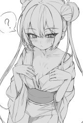 Rule 34 | 1girl, ?, absurdres, blue archive, blush, closed mouth, double bun, grey sash, greyscale, hair between eyes, hair bun, hand on own chest, highres, japanese clothes, kimono, kimono partially removed, kisaki (blue archive), long hair, looking at viewer, monochrome, obi, rosu 1109, sash, sidelocks, single bare shoulder, sketch, sweatdrop, twintails, white kimono