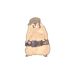 Rule 34 | animal focus, belt, belt buckle, body fur, buckle, card, cosplay, den-o belt, full body, holding, holding card, kamen rider, kamen rider den-o (series), male focus, multicolored hair, prairie dog, purple eyes, purple hair, py0wwk, rider pass, ryutaros, ryutaros (cosplay), simple background, solo, streaked hair, white background