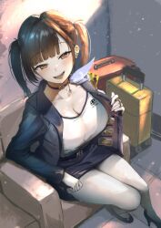 1girl asymmetrical_bangs black_choker black_hair black_jacket black_shoes black_skirt blunt_bangs breasts choker cleavage cut_bangs ear_piercing goddess_of_victory:_nikke hashtag-only_commentary high_heels highres jacket jewelry large_breasts long_hair looking_at_viewer multiple_rings open_clothes open_jacket open_mouth oval_blue pantyhose pencil_skirt piercing red_eyes ring rolling_suitcase shirt shoes sitting skirt smile solo sora_(nikke) suitcase twintails white_pantyhose white_shirt
