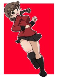 Rule 34 | 1girl, bare legs, black boots, black ribbon, black skirt, blush, boots, braid, breasts, brown eyes, brown hair, clenched hands, from behind, from side, girls und panzer, hair ornament, hair ribbon, hairpin, jacket, knee boots, large breasts, long braid, long hair, miniskirt, open mouth, pleated skirt, red background, red jacket, ribbon, rukuriri (girls und panzer), running, simple background, single braid, skirt, smile, st. gloriana&#039;s military uniform, takahashi kurage, wind, wind lift
