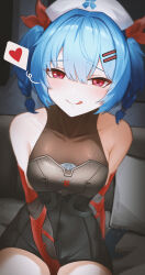 1girl absurdres arm_support bare_shoulders between_legs black_bodysuit blue_hair blush bodysuit braided_twintails breasts colphne_(girls&#039;_frontline_2) colphne_(silent_heart)_(girls&#039;_frontline_2) commentary_request covered_collarbone covered_navel girls&#039;_frontline girls&#039;_frontline_2:_exilium hair_between_eyes hair_intakes hand_between_legs hat heart highres looking_at_viewer lord-erica medium_breasts nurse_cap red_eyes sitting sleeveless sleeveless_bodysuit smile solo spoken_heart thighs twintails