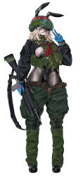 1girl absurdres assault_rifle baggy_pants black_boots black_pantyhose black_serafuku blonde_hair blue_eyes blue_gloves boots breasts gloves green_pants grenade_launcher gun helmet highleg highleg_leotard highres holding holding_gun holding_weapon knee_pads leotard load_bearing_vest lutjens-chan m16 m16a2 m203 original pants pantyhose playboy_bunny rifle school_uniform serafuku sideboob solo suspenders tactical_playboy_bunny tactical_school_uniform tape underbarrel_grenade_launcher v weapon