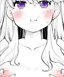 1girl :i blush breasts collarbone commentary fujishima_megumi grabbing_own_breast greyscale link!_like!_love_live! long_hair looking_at_viewer love_live! medium_breasts monochrome nipples nude pout purple_eyes solo sweat symbol-only_commentary upper_body virtual_youtuber yukiri_takashi