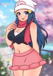 1girl beanie black_shirt blue_eyes blue_hair blush breasts cherry_blossoms cleavage cloud creatures_(company) dawn_(pokemon) flower game_freak grass hair_ornament hairclip hat long_hair looking_at_viewer medium_breasts midriff misune_art navel nintendo open_mouth pink_skirt poke_ball_print poke_ball_symbol pokemon pokemon_dppt pond print_headwear red_scarf scarf shirt skirt sky smile standing tank_top teeth tree water white_hat