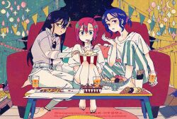 Rule 34 | 1boy, 2girls, ai-assisted, amate yuzuriha, aqua eyes, bag, black hair, blue hair, blush, breasts, chicken (food), commentary request, conch (gundam), couch, denim, denim shorts, donut, food, glass, gundam, gundam gquuuuuux, haro, highres, holding, jacket, long hair, long sleeves, looking at viewer, multicolored hair, multiple girls, nyaan (gundam gquuuuuux), on couch, open mouth, pants, pizza, popcorn, purple hair, red hair, shirt, short hair, short sleeves, shorts, shuji ito, sitting, skirt, smile, tamagodamaco, tank top, two-tone hair, white shirt, yellow eyes