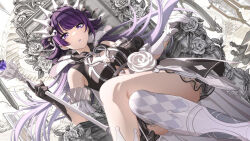 1girl black_gloves board_game boots chess crown earrings gloves idolmaster idolmaster_shiny_colors jewelry long_hair official_art open_mouth purple_eyes purple_hair purple_lips sitting socks tanaka_mamimi white_gloves
