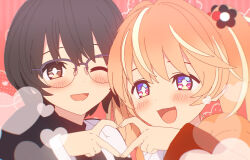 2girls 3d :d ;d bad_source black_hair blender_(medium) blonde_hair cel_shading flower_hairband glasses heart heart_hands heart_hands_duo multiple_girls one_eye_closed open_mouth portrait rin_(rinrinne) rinne_(rinrinne) rinrinne rinrinne39_(artist) siblings sisters smile virtual_youtuber