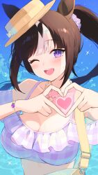 1girl ;d animal_ears bikini blush breasts brown_hair cleavage commentary_request four-finger_heart_hands frilled_bikini frills hair_ornament hair_scrunchie hat heart heart_hands highres hokko_tarumae_(pastel_marine_locadol)_(umamusume) hokko_tarumae_(umamusume) horse_ears jewelry kkokko large_breasts long_hair looking_at_viewer multicolored_hair necklace ocean official_alternate_costume official_alternate_hairstyle one_eye_closed open_mouth purple_bikini purple_eyes purple_scrunchie scrunchie shell shell_necklace side_ponytail smile solo straw_hat streaked_hair swimsuit tilted_headwear umamusume white_hair