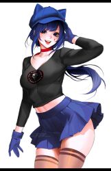 Rule 34 | 1girl, :d, animal ears, beanie, black shirt, blue eyes, blue gloves, blue hair, blue skirt, breasts, brown thighhighs, cat ears, choker, crazy mita (miside), fake animal ears, fif 228, gloves, hat, highres, lips, long hair, long sleeves, medium breasts, midriff, miside, mita (miside), open mouth, pleated skirt, ponytail, red choker, shirt, simple background, skirt, smile, tattoo, teardrop tattoo, teeth, thighhighs, upper teeth only, white background