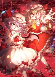 Rule 34 | 2girls, ascot, bat wings, blonde hair, bow, brooch, collared shirt, commentary, crystal, english commentary, fangs, flandre scarlet, foot out of frame, frilled shirt, frilled shirt collar, frilled skirt, frilled sleeves, frilled socks, frilled vest, frills, hair between eyes, hat, hat bow, hat ribbon, head tilt, highres, jewelry, large bow, looking at viewer, medium hair, mob cap, multicolored wings, multiple girls, nail polish, open mouth, outstretched arm, outstretched hand, pointy ears, puffy short sleeves, puffy sleeves, purple hair, red ascot, red background, red bow, red eyes, red nails, red ribbon, red shoes, red skirt, red vest, remilia scarlet, ribbon, ribbon-trimmed headwear, ribbon-trimmed skirt, ribbon-trimmed sleeves, ribbon trim, shirt, shoes, short sleeves, siblings, sisters, skirt, skirt set, sleeve bow, sleeve ribbon, socks, touhou, vest, white hat, white shirt, wings, wrist cuffs, yellow ascot, yellow brooch, yukkyon kyon
