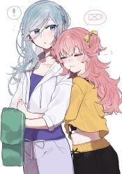 ! 2girls arms_around_waist battery_indicator black_pants blue_eyes blue_hair closed_eyes closed_mouth commentary_request hair_ribbon highres hinomori_shizuku hood hoodie hug hug_from_behind long_hair long_sleeves mole mole_under_mouth momoi_airi motoma0505 multiple_girls open_mouth pants pink_hair project_sekai purple_shirt ribbon shirt simple_background spoken_battery spoken_exclamation_mark two_side_up white_background white_hoodie yellow_ribbon yellow_shirt yuri