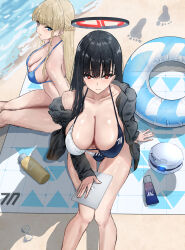 2girls absurdres alternate_costume asao_(asaomm12345) bikini black_bikini black_hair black_halo blonde_hair blue_archive blue_bikini blue_eyes blunt_bangs braid breasts bright_pupils cleavage collarbone drone half_up_braid halo highres huge_breasts long_hair looking_at_viewer multicolored_bikini multicolored_halo multiple_girls red_eyes red_halo rio_(blue_archive) single_bare_shoulder sitting smile swimsuit thighs toki_(blue_archive) two-tone_bikini two-tone_halo white_bikini white_pupils